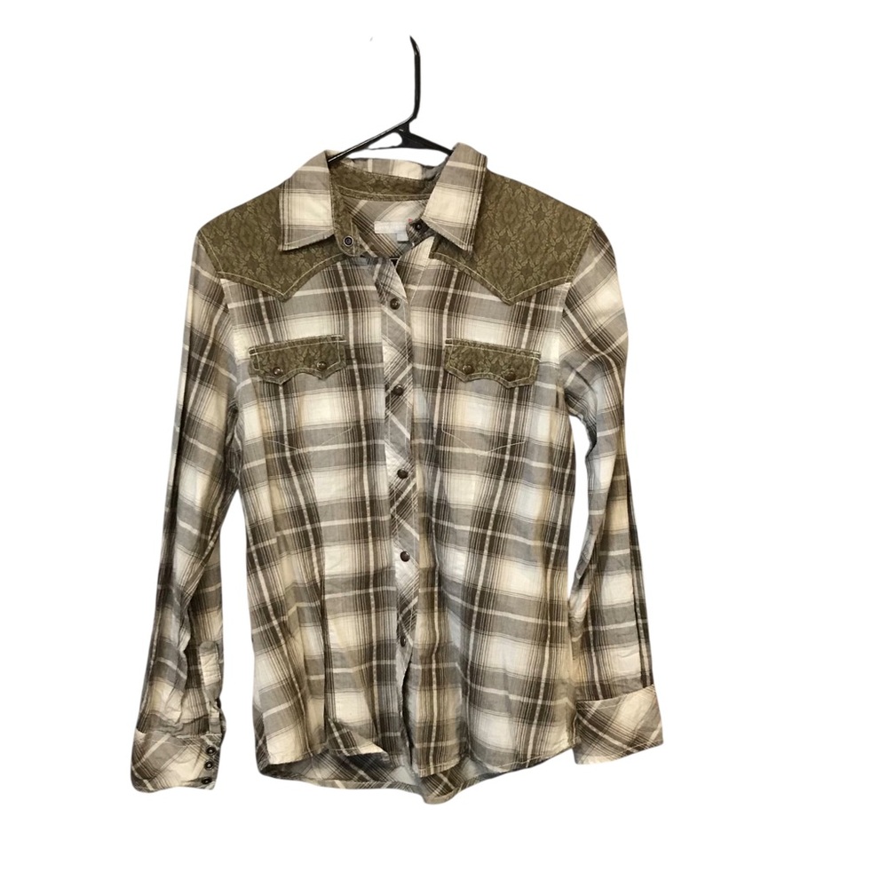 Tin Haul cowgirl pearl snap shirt women S brown green Plaid floral western